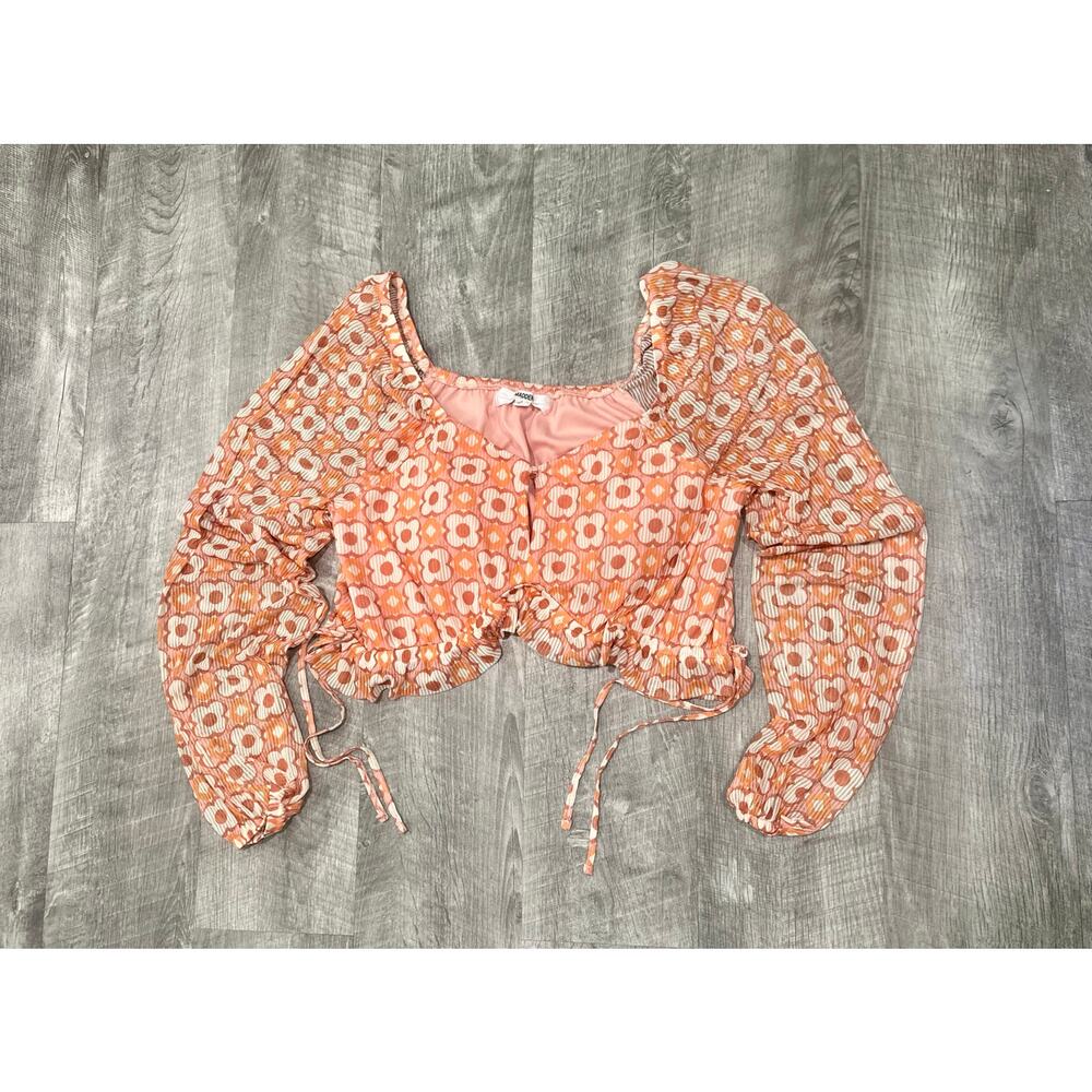Madden NYC Retro Floral Crop Top Puff‎ Sleeve Drawstring Sides Pink Orange Large